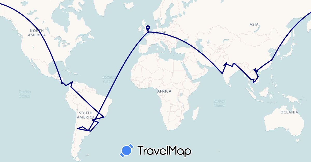 TravelMap itinerary: driving in Argentina, Brazil, Canada, China, Colombia, Costa Rica, United Kingdom, India, Cambodia, Nepal, Panama, Thailand, Uruguay, Vietnam (Asia, Europe, North America, South America)